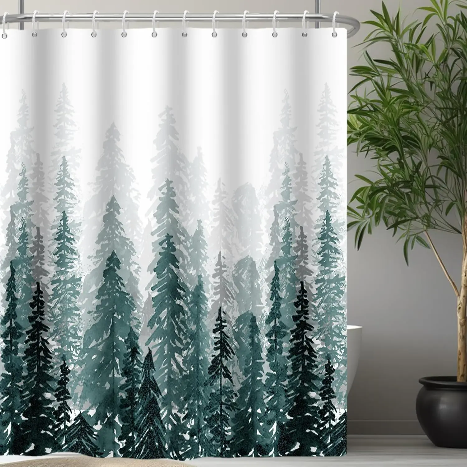 Dark Green Misty Pine Forest Shower Curtain, Nature Fog Waterproof Washable Bathroom Bathtub Decor Curtain With  Hooks