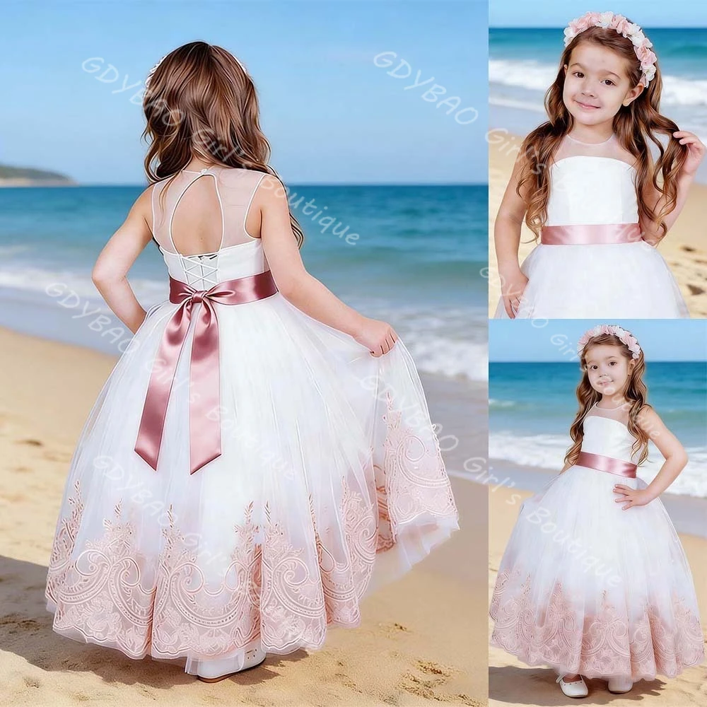 

Индивидуальное платье для девочки на свадьбу, с аппликациями в виде цветов, из тюля, с поясом, для малышей, в стиле принцессы, для праздников и балов