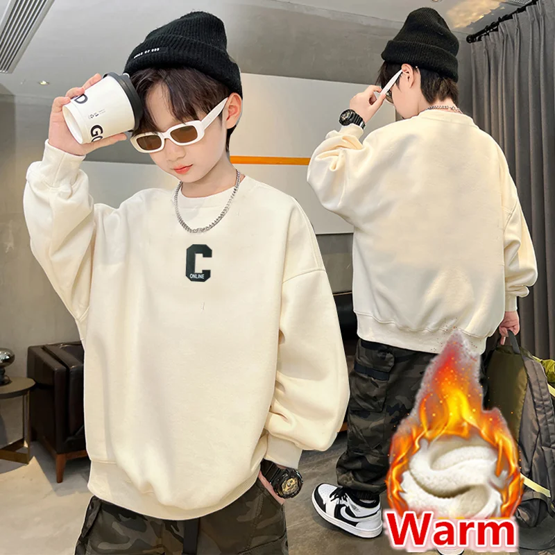 

Brief Style Children Winter Warm Thermal Sweatshirt For Big Boy Casual Beige Color Thick Hoodie Kids Insulated Cotton Clothing