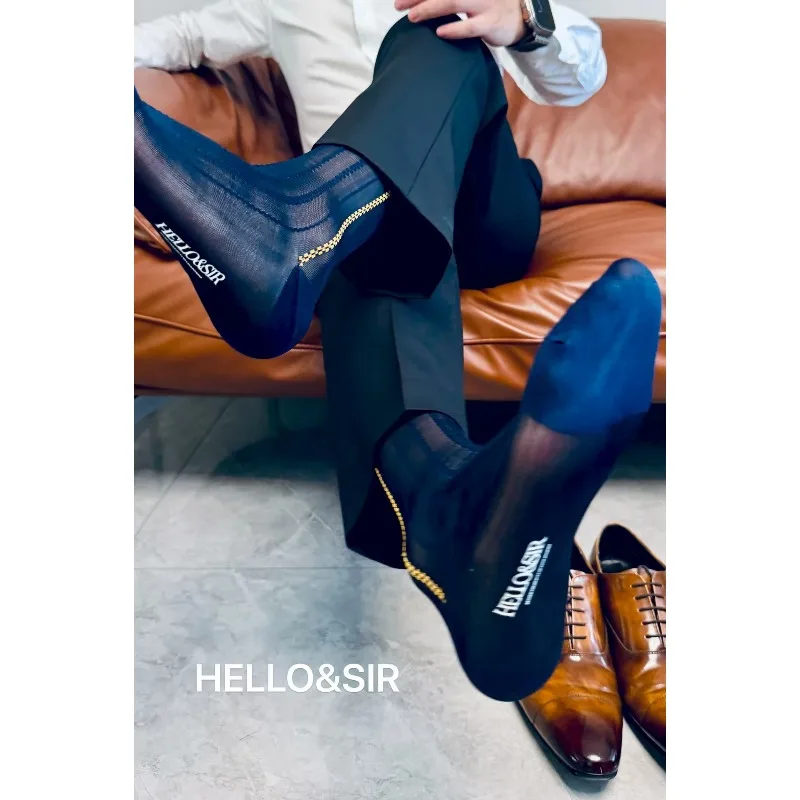 

Brand Men Dress Socks Man Silks Soft Nylon Business Sheer Breathable Crew Socks Translucent Stripes Fashion Vintage Tube Socks