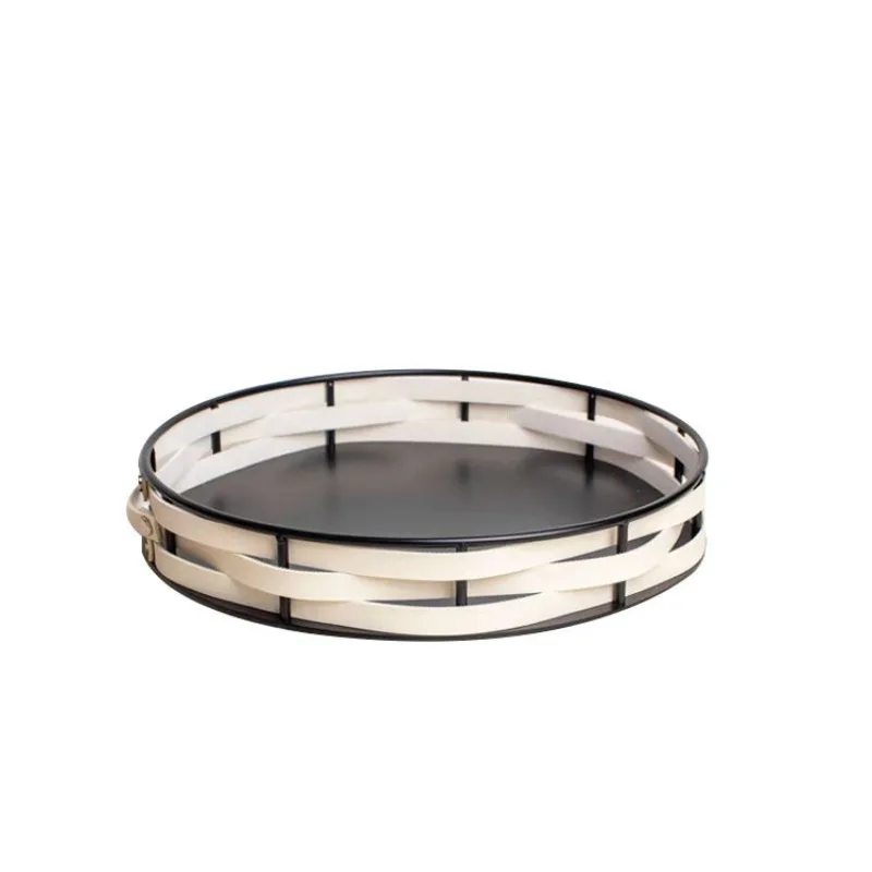 Modern light luxury round metal leather tray, sales office model room hotel storage square decoration