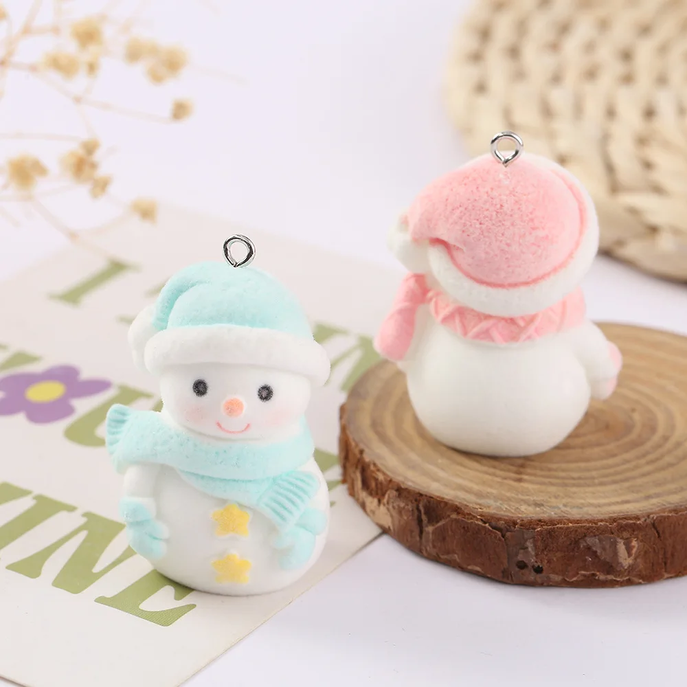 20Pcs 3D Flocked Cute Snowman Charms Cartoon Doll Resin Pendant Earrings Keychain Bag Accessories for DIY Crafts Jewelry Make