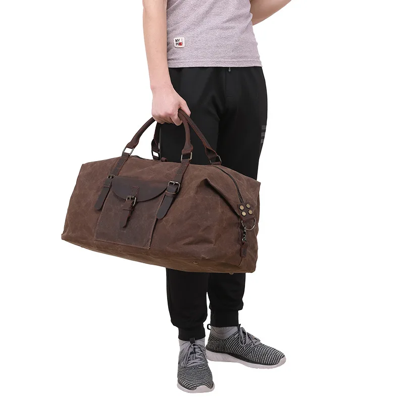 Retro Outdoor Handheld Waterproof Wear-resistant Large Capacity Leather Oil Wax Canvas Travel Luggage Functional Duffle Bag