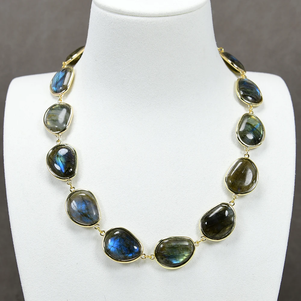 GG 17'' Natural Labradorite Stone Smooth Gold Plated Connector Statement Chokers Necklace Fashion Women Jewelry Gifts