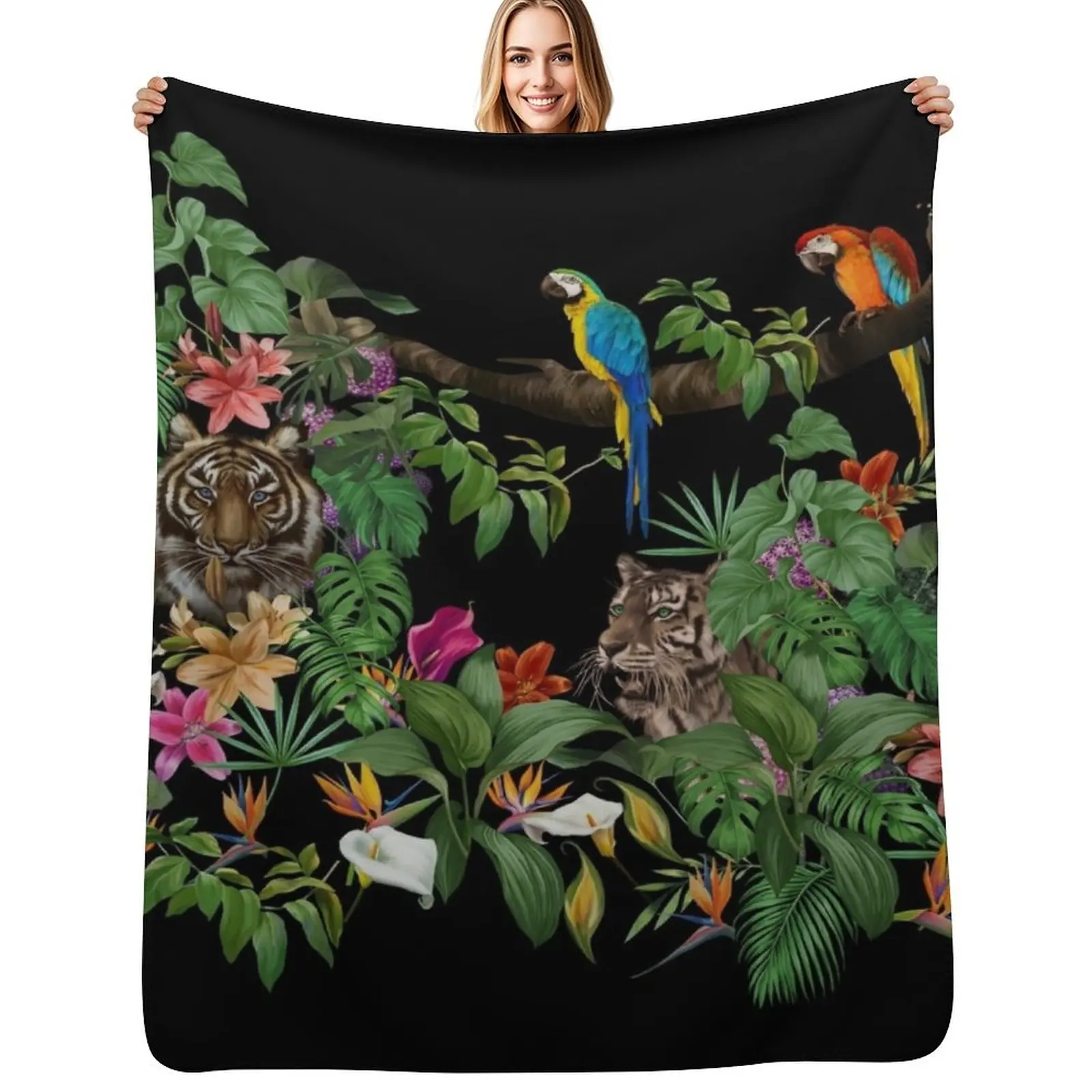 

Jungle pattern.Leopard and parrot ,tropical leaves and flowers.Dark exotic forest. Throw Blanket Housewarming gift blanket