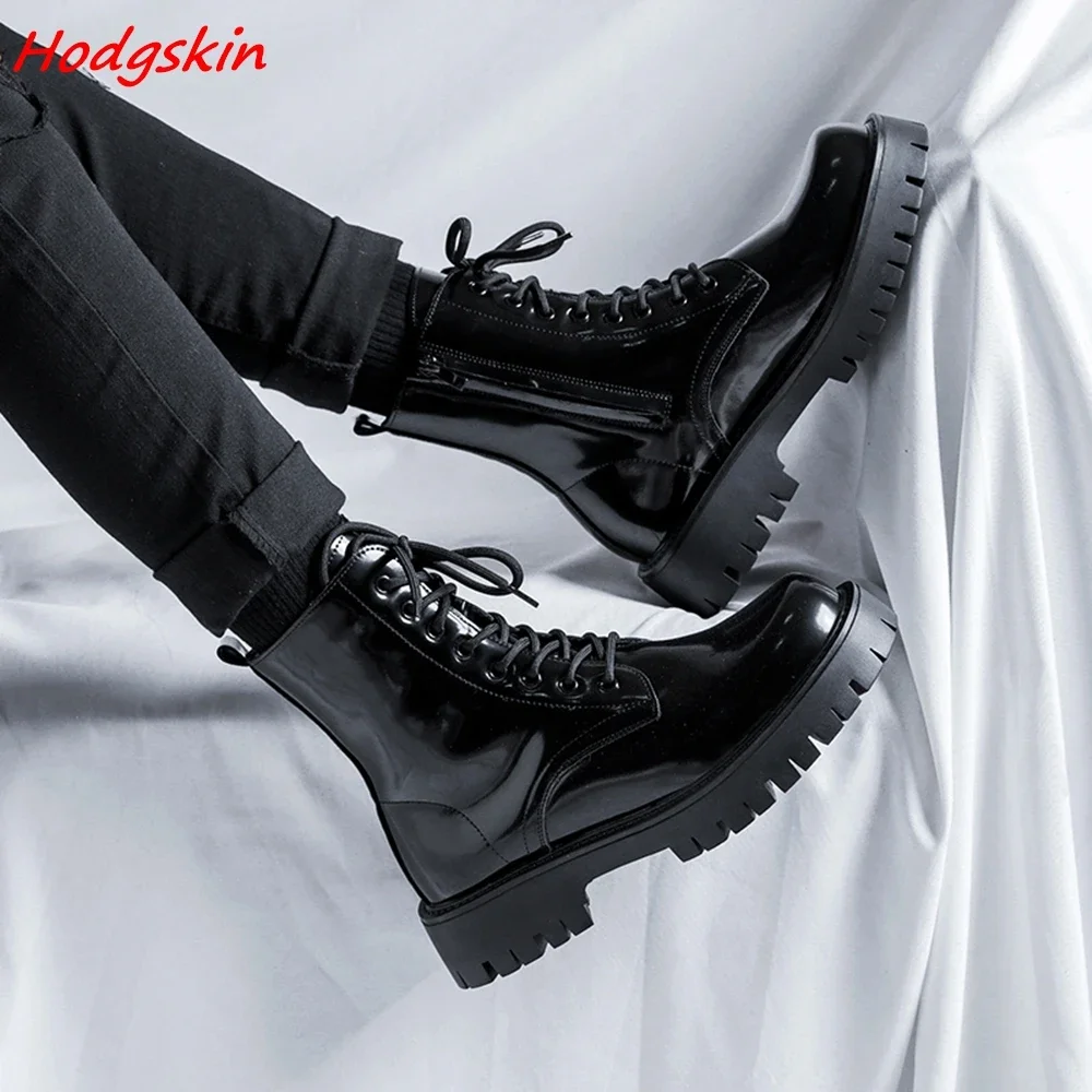 Black Patent Leather Boots for Men Round Toe Mid Calf Lace Up Height Increasing Spring Autum Newest Sewing Casual Fashion Shoes