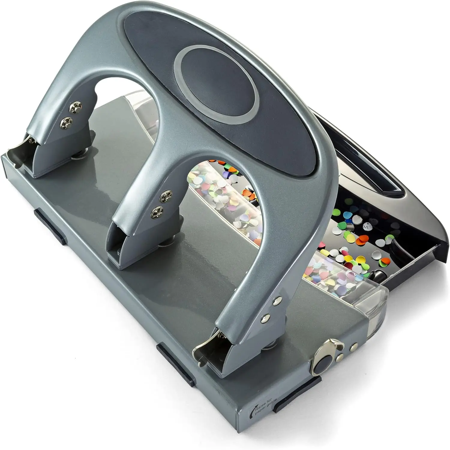 

Профессиональный дырокол на 3 отверстия с выдвижным лотком для обрезков, вместимость 45 листов, серебристый/темно-синий, для офиса