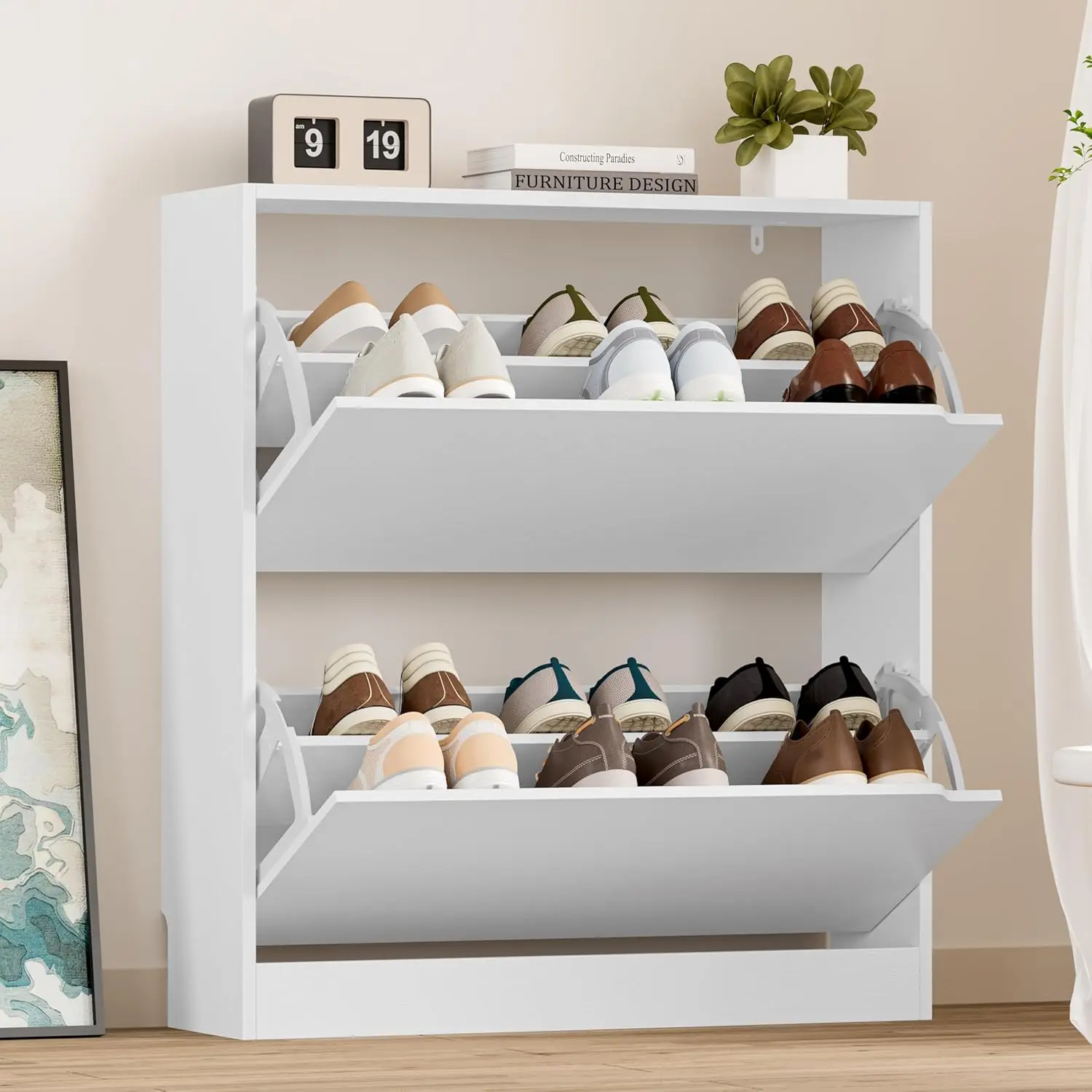 

Shoe Cabinet with 2 Flip Drawers, Slim Narrow Shoe Storage Cabinet, Freestanding Shoe Organizer with Adjustable &, Customized