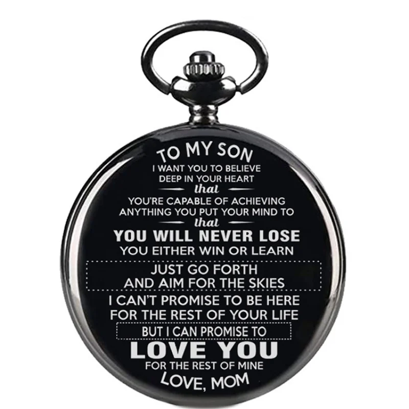 Винтажные карманные часы «Моему сыну», черные круглые гладкие брелоки с гравировкой, карманные кварцевые часы, модное ожерелье, часы с подвеской, подарок