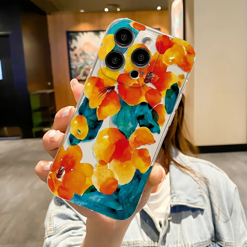 Literary Bright-colored Flowers Ultra Thin Clear Phone Cases for iPhone 15 Pro Max 11 14 13 12 XSMax Mini XR 7 8 Plus Back Cover