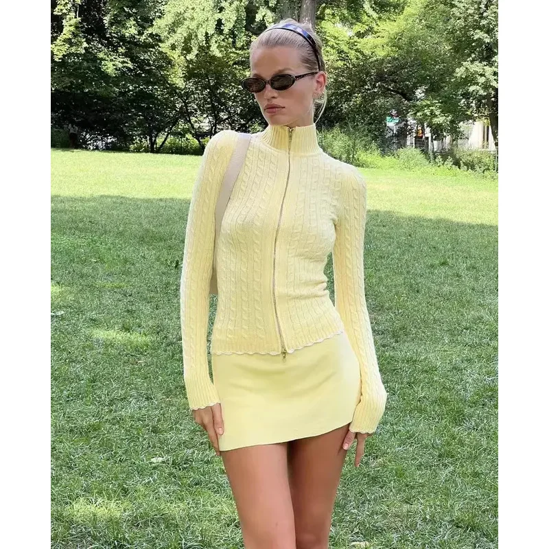 

Frankies bright yellow half high neck Fried Dough Twists sweater cardigan coat is thin, versatile, hip wrap skirt pants