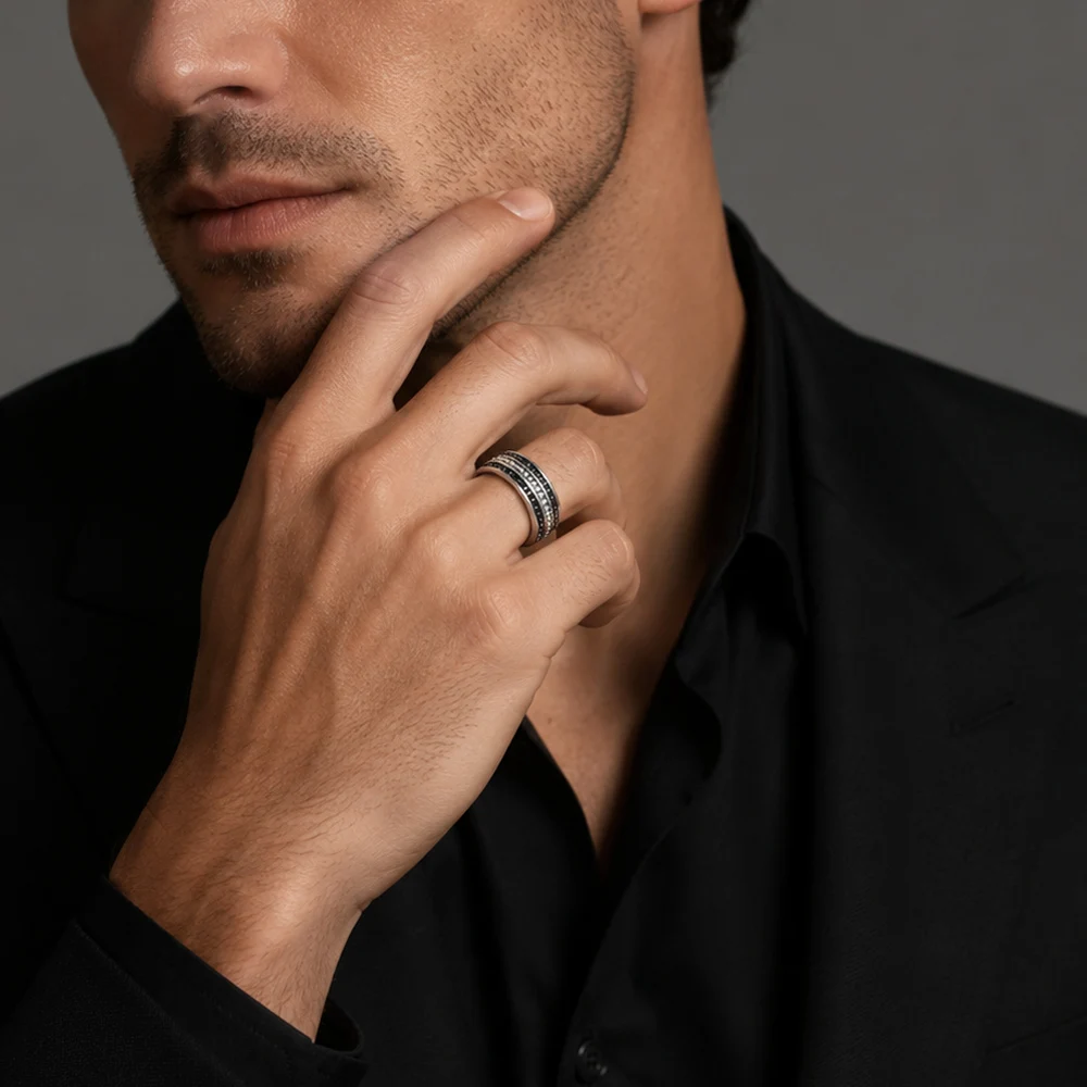 Pierścionek z czarnym CZ Pave Europe Style Vintage Jewelry Fine Jewelry dla kobiet mężczyzn prezent ze srebra próby 925 — zdjęcie 3