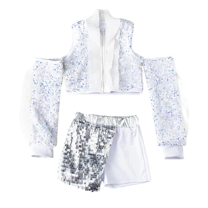 Witte Meisjes Carnavalskostuums Voor Kinderen Streetdance Walk Show Outfit Kinderen Hip Hop Jazz Dance Performance Kleding Pailletten