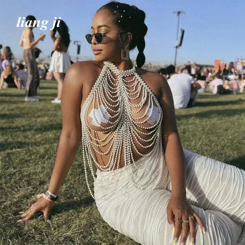 Body Jewelry Simulated Pearl Sexy shawl Necklace Chest Chain Bra Chain Tassels Fashion Bikini Chest Chain Wrapping Chain Party