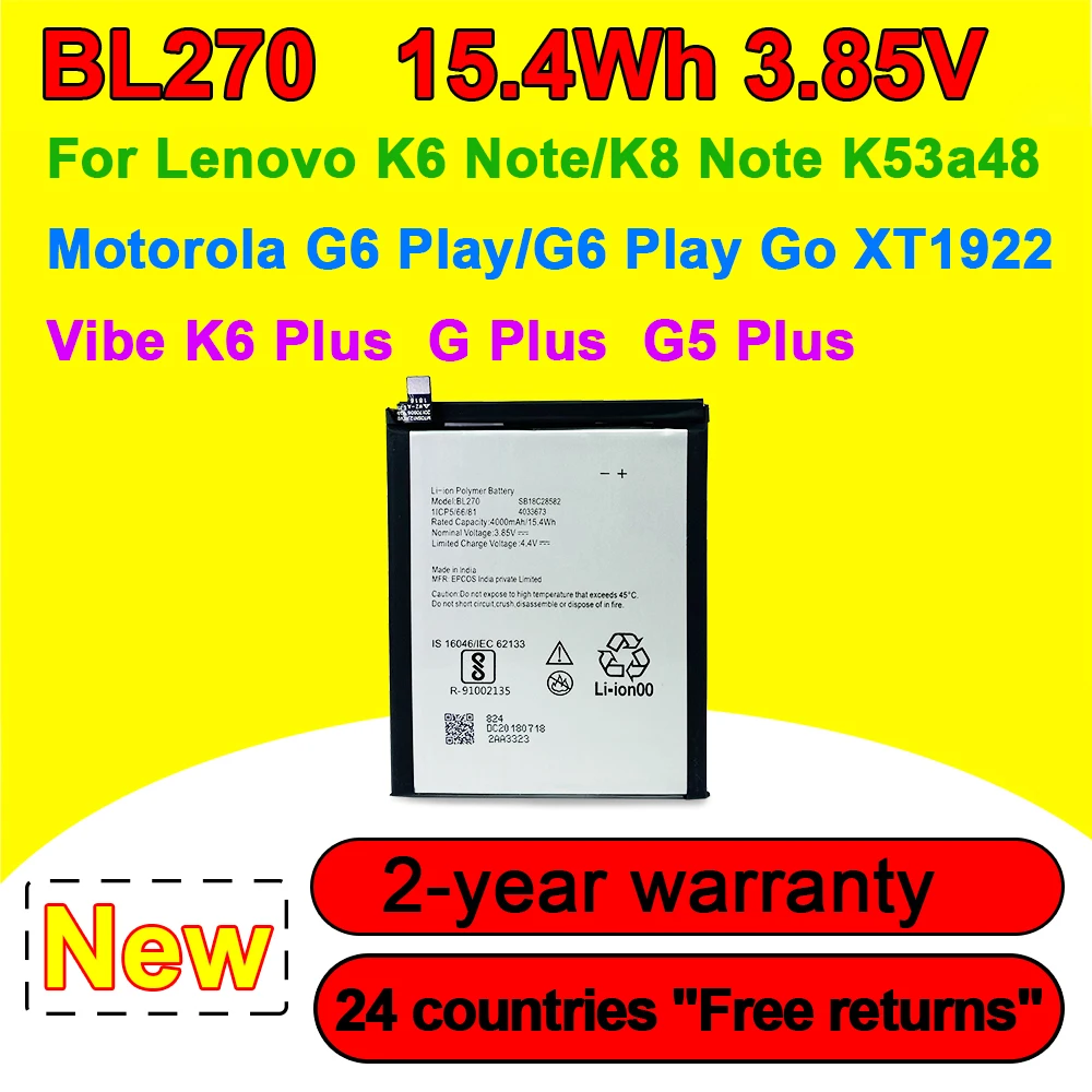 New BL270 Battery For Lenovo K6 Note Battery/VIBE K6 Note /K6 Plus For Motorola Moto G6 Play XT1922 Mobile Phone + Gift Tools