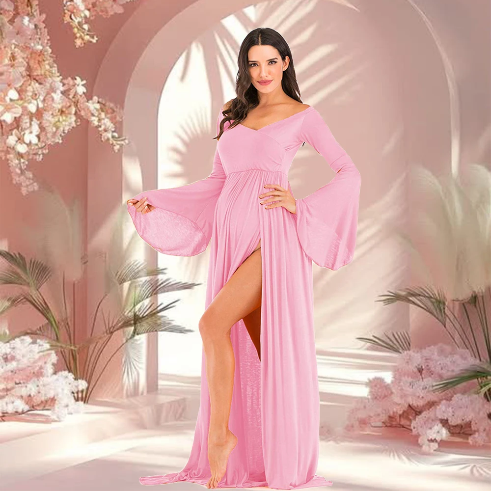 Pregnant Woman Clothes Off Shoulder V-Neck Bell Sleeves Split Dress For Baby Shower Maternity Photoshoot Chiffon Maxi Gown