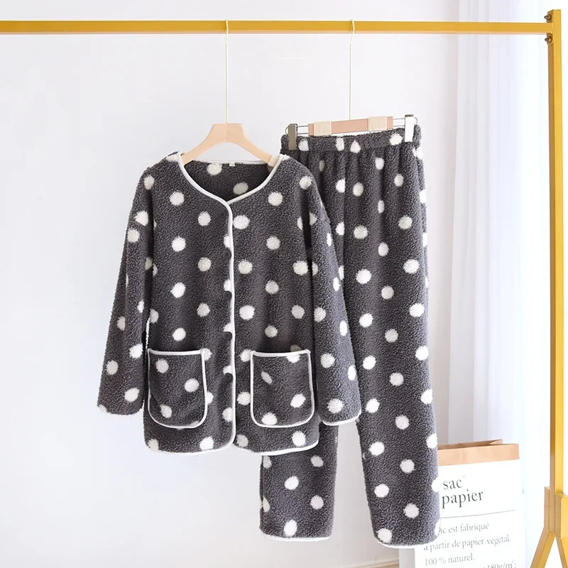 New autumn and winter wave dot ladies flannel pajamas long-sleeved trousers two-piece thick round neck cardigan home service set