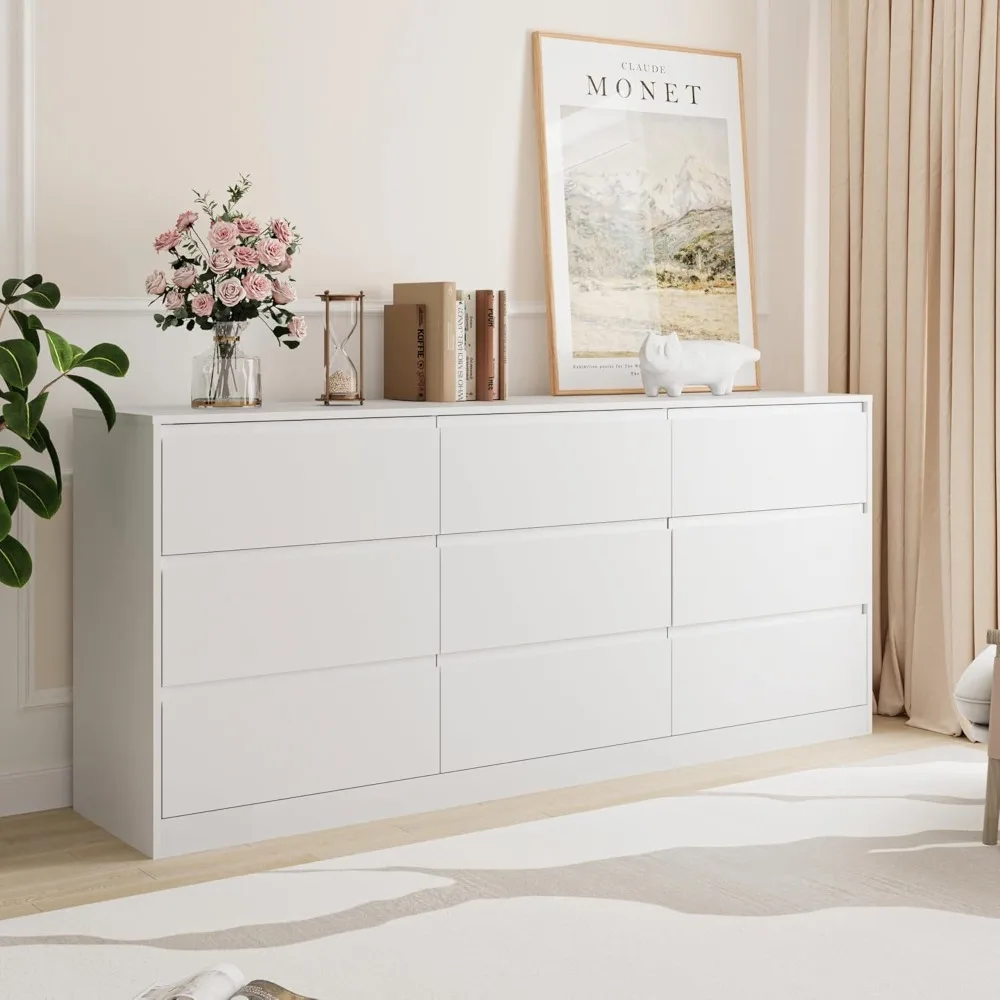 

Dresser for Bedroom with 9 Drawers, Large Modern Chest of Drawers with Deep Drawers, Wide Double Dressers Handle Free, Dresser