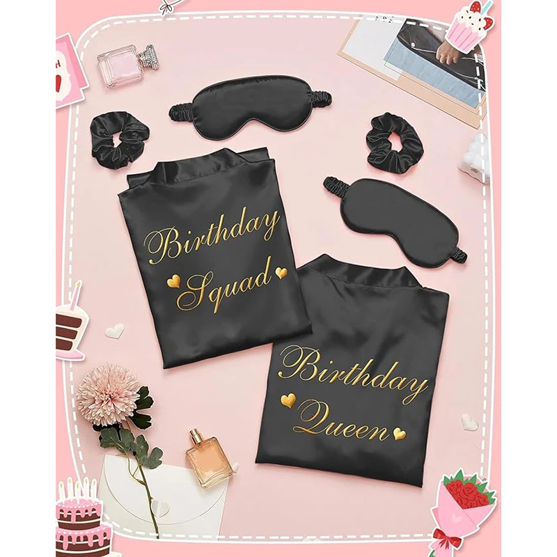 

Женский комплект халатов для дня рождения, кимоно Queen Squad, атласные халаты с маской для глаз и резинкой для волос на день рождения