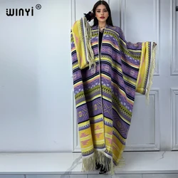 WINYI Winter Women boho Fringed cardigan print abaya dubai luxury Coat Loose OverCoat Thick Warm outerwears long down dress