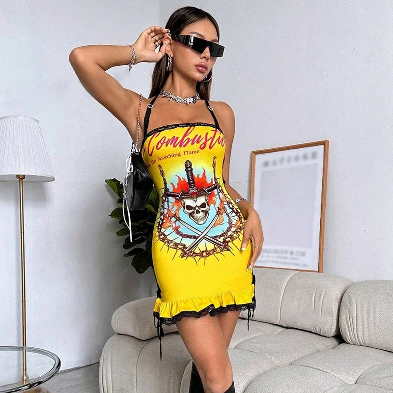 2024 new Y2K Skull Printed Women Mini Sexy Dress Holloween Party Outfits 2024 Halter Bandage Dress Graphic Gothic Holiday Dresse