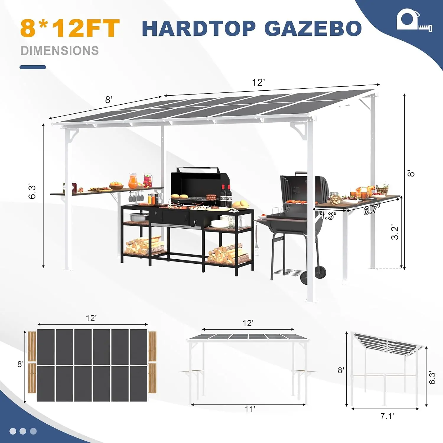 8' x 12' Wall Mounted Gazebo, Outdoor BBQ Grill Gazebo with Side Shelf, Lean to Metal Awnings with Sloped Roof, Heavy Duty Pergo