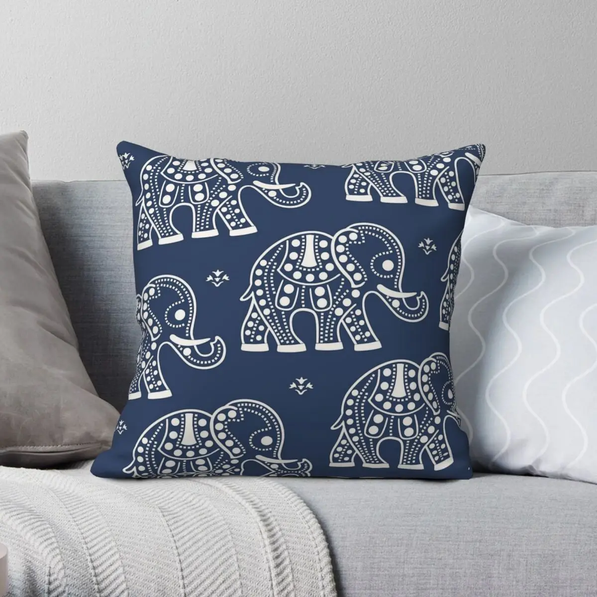 Elephant In Navy Blue White Square Pillowcase Polyester Linen Velvet Creative Zip Decorative Pillow Case Bed Cushion Cover