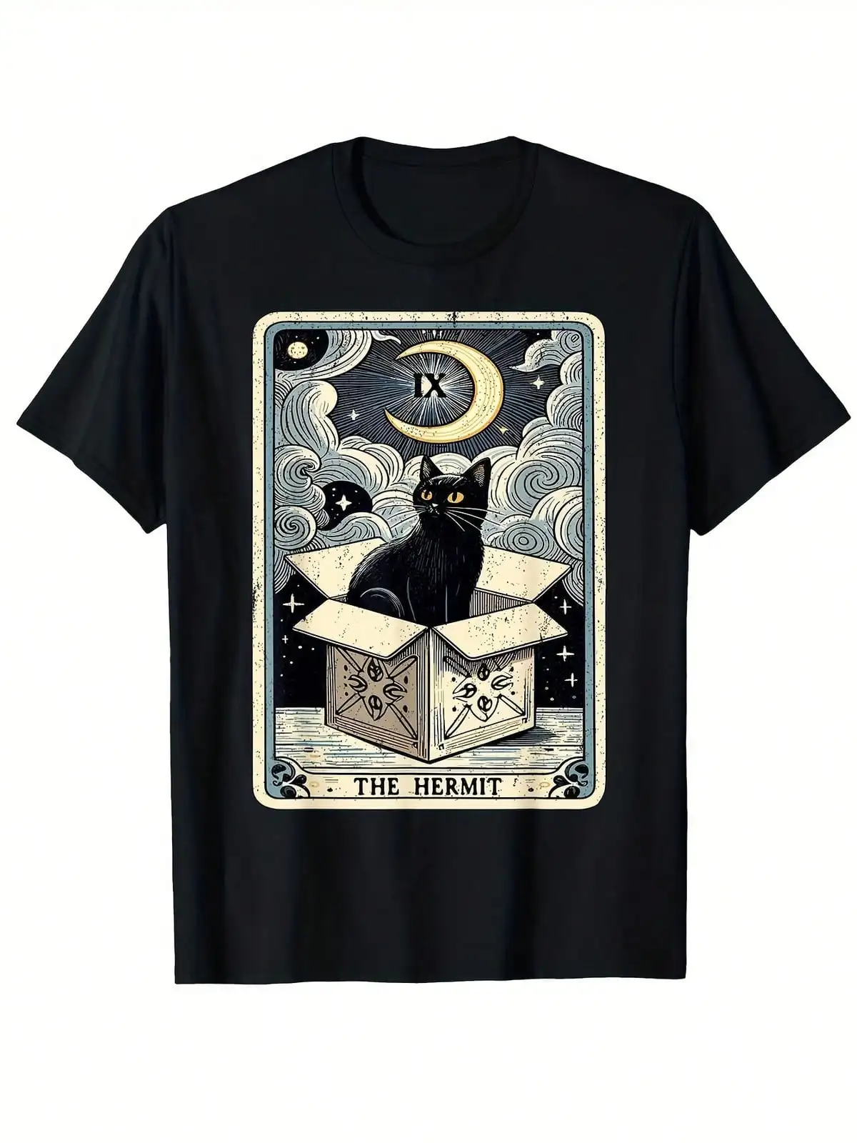 The Hermit Tarot Card Cat In Box Mystic Funny Cat T-Shirt Classic Black For Casual Daily Wear Sports Travel Stretchy Comfortable & Cool Same Style For Men And Women 2026 Summer Short-Sleeved Printed T-Shirt 180G