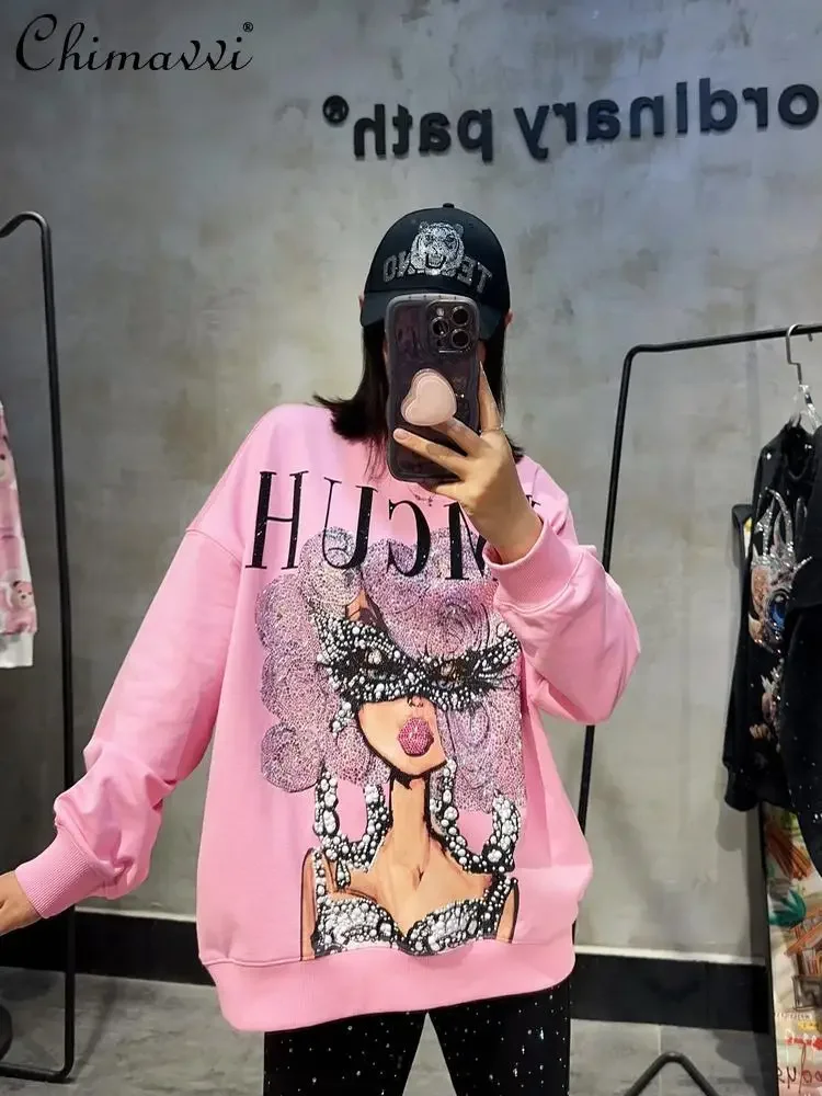 

Sweatshirt Autumn Winter Heavy Luxury Hot Diamond Crew Neck Loose Large Size Pink Pullover Hoodies High Street Long Sleeve Top