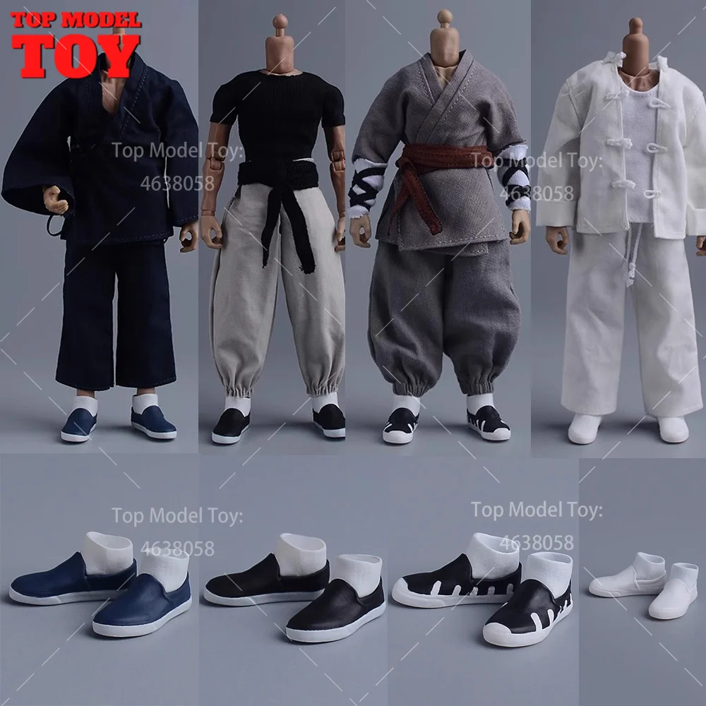 

1/12 Scale Vintage Kung Fu Shoes T-shirt Pants Suit Clothes Model for 6'' Romankey Male Soldiers Action Figure Body Dolls Toy
