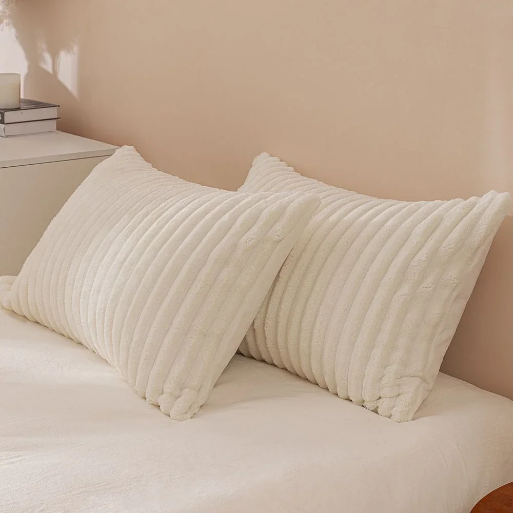 Striped Fleece Fuzzy Duvet Cover Set, Cream White Plush Fluffy Soft Warm Bedding Set 4Pcs 1Duvet Cover+1Bedsheet+2Pillowcases