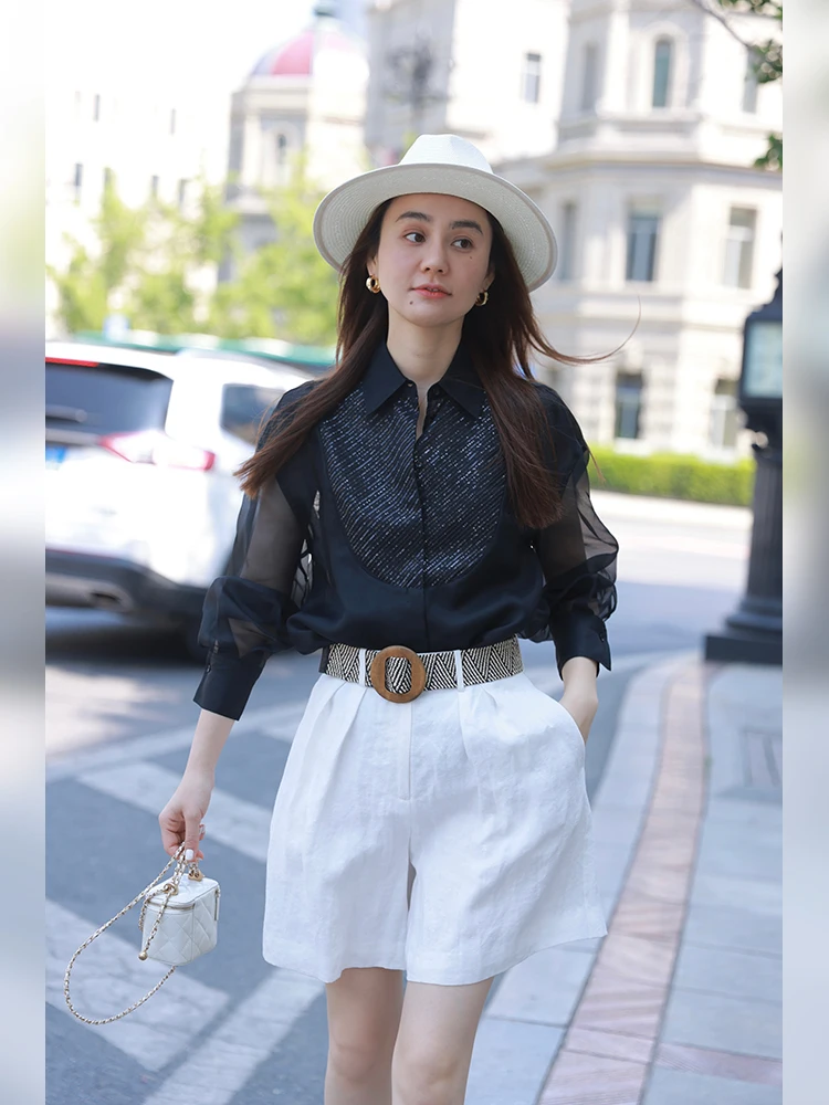 

WinnieTang Silk Organza Blouse ape Sensation Sunscreen Sparkling Beads Commute Sle Long Sve Straight Cut Pure Color