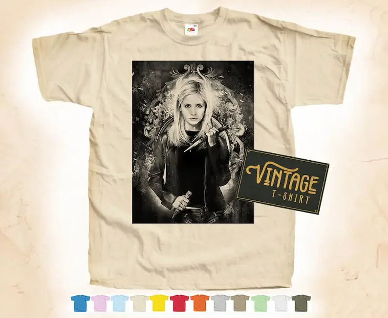 

Black Print: BUFFY The Vampire Slayer V3 T shirt Tee Natural VINTAGE Cotton Movie Poster Beige 12 colors All Sizes