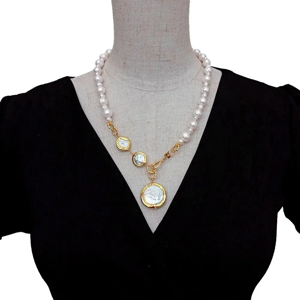 Y·YING Cultured White Potato Pearl Coin Pearl Charm Choker Necklace Handmade Necklaces