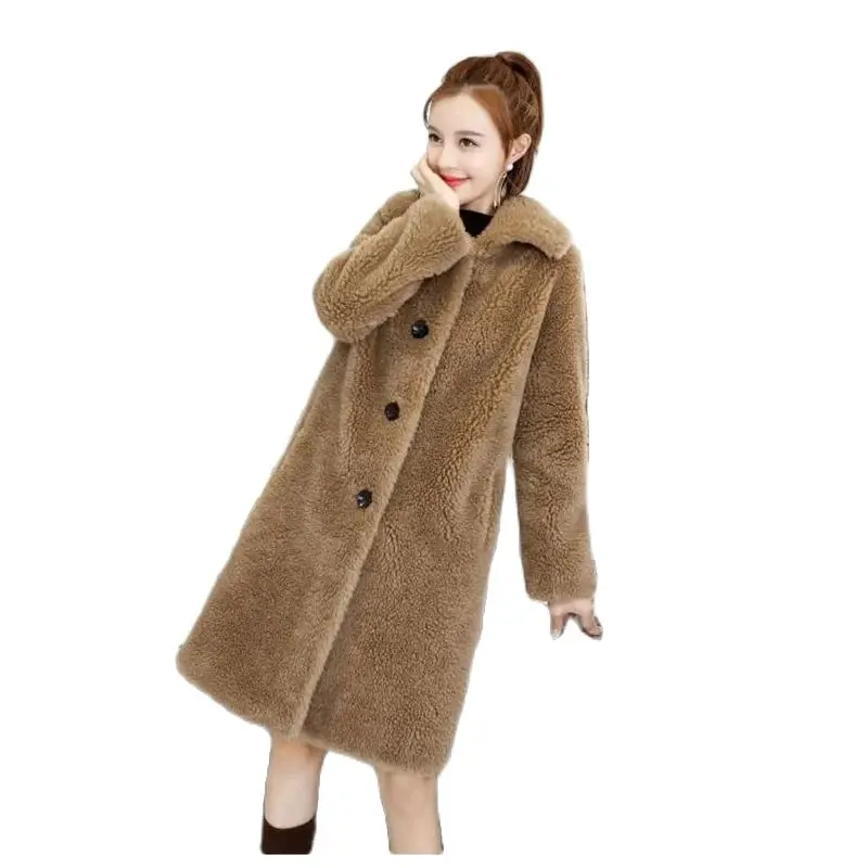 Sheep Cut Velvet Coat for Women Mid Length 2023 Winter New Loose Fitting and Thickened Lapel Particle Wool Faux Fur Female Coat