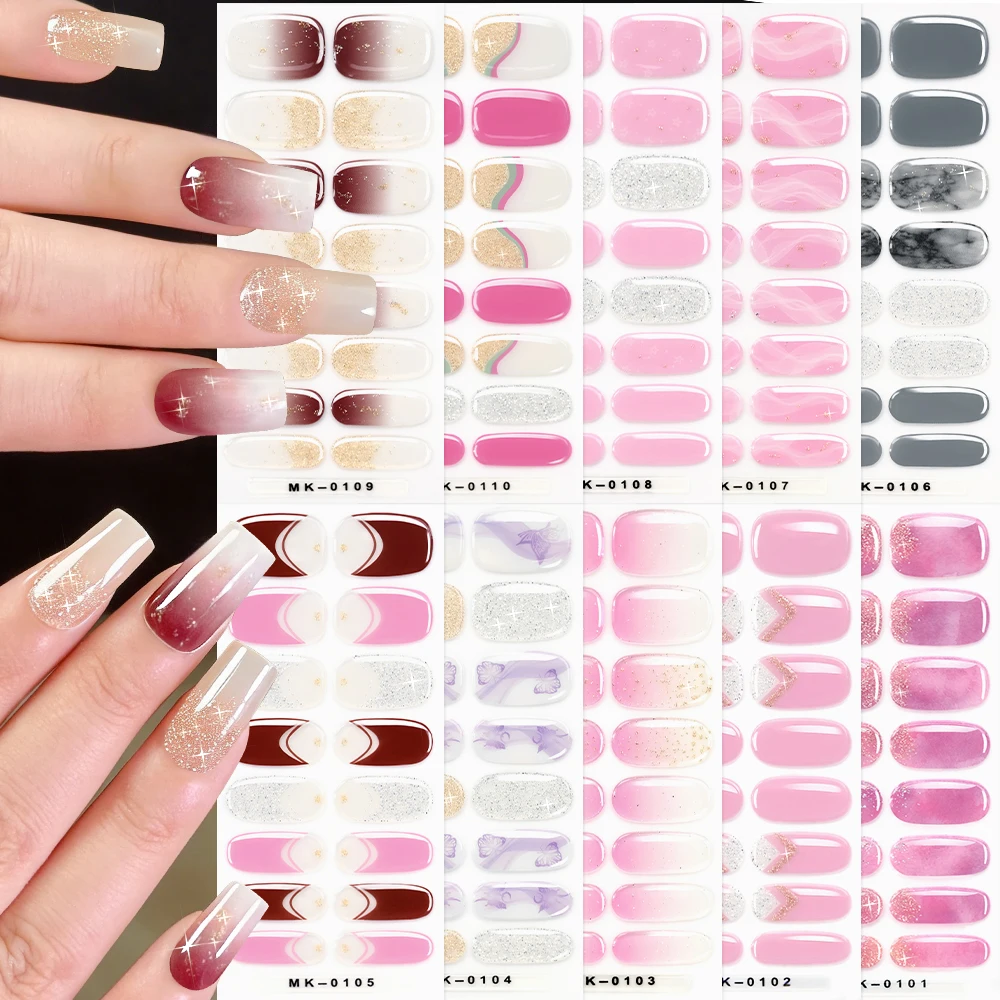 

16 наклеек для ногтей с блестками и эффектом омбре, розовые, полное покрытие, самоклеящиеся, не требуют запекания, долговечные, водостойкие, гелевые наклейки для ногтей