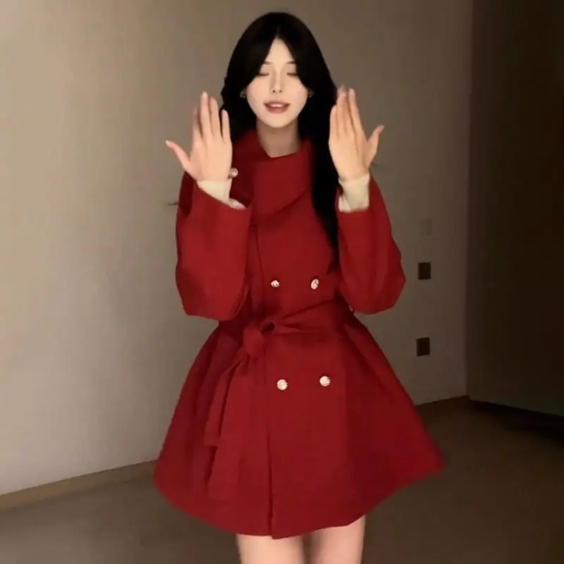 Autumn Winter Plus Size Hepburn Wool Coat Women's Slimming Elegant Overcoat