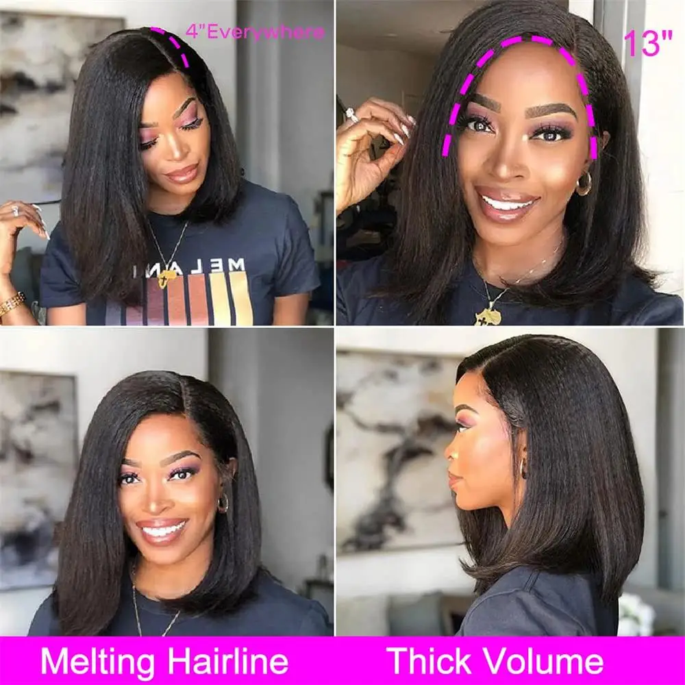 Kinky Straight Human Hair Wigs Wear And Go Glueless Wigs Bob Wig Human Hair 4X4  Lace Yaki Straight Human Hair Wigs For Women