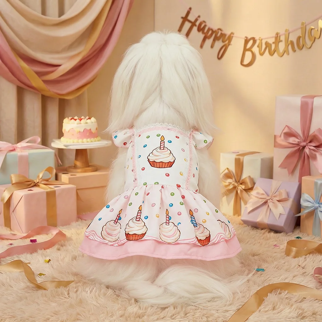 Vestido cumpleaños perro gato estampado judías cupcakes volantes - imagen 4