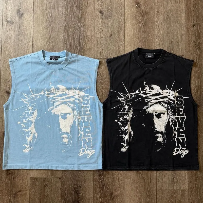 

Y2k European and American print design men clothing short-sleeved hip-hop trend sleeveless top retro streetwear loose T-shirt