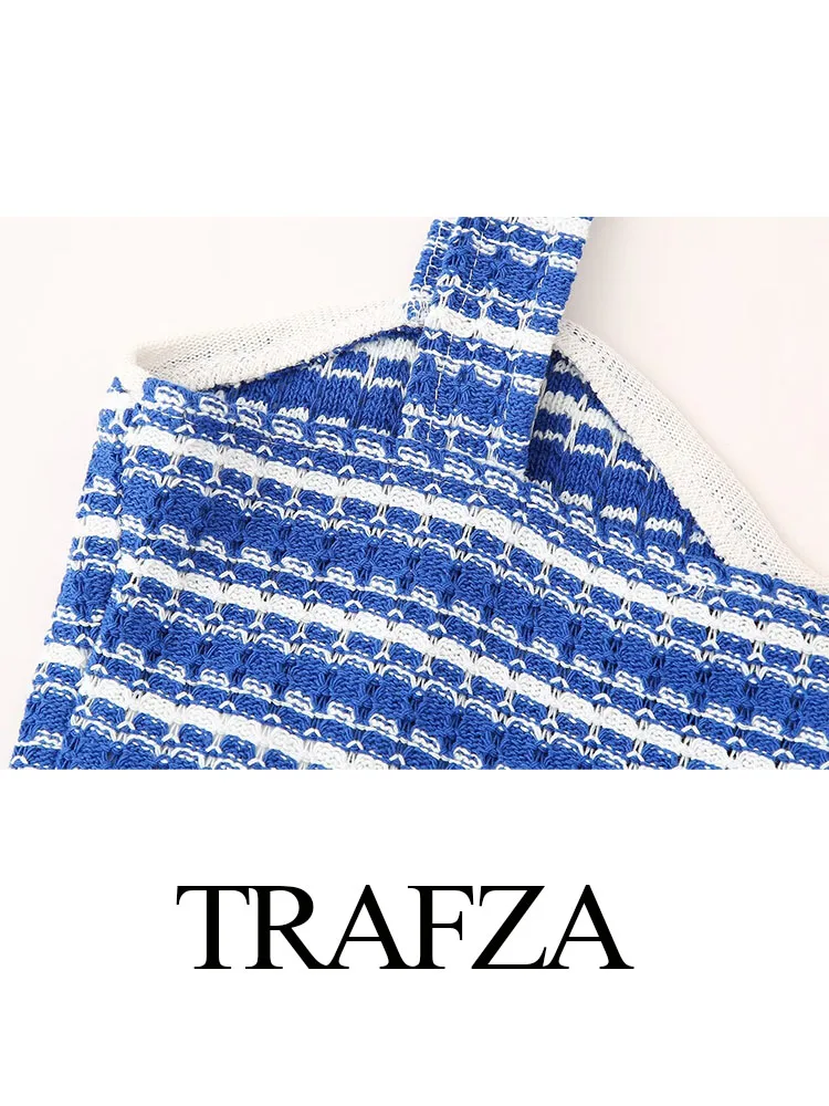 TRAFZA-shorts de cintura alta e top sem gola em v para mulheres, conjunto de 2 peças, zíper casual fino, sem costas, listras azuis, sexy, verão