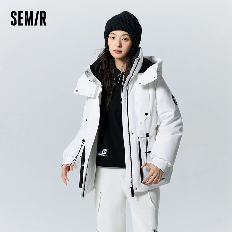 Semir Down Jacket Women Mid-Length Patchwork Waist-Adjusting Raglan Sleeve Hooded Loose Three-Defense Winter Clothing