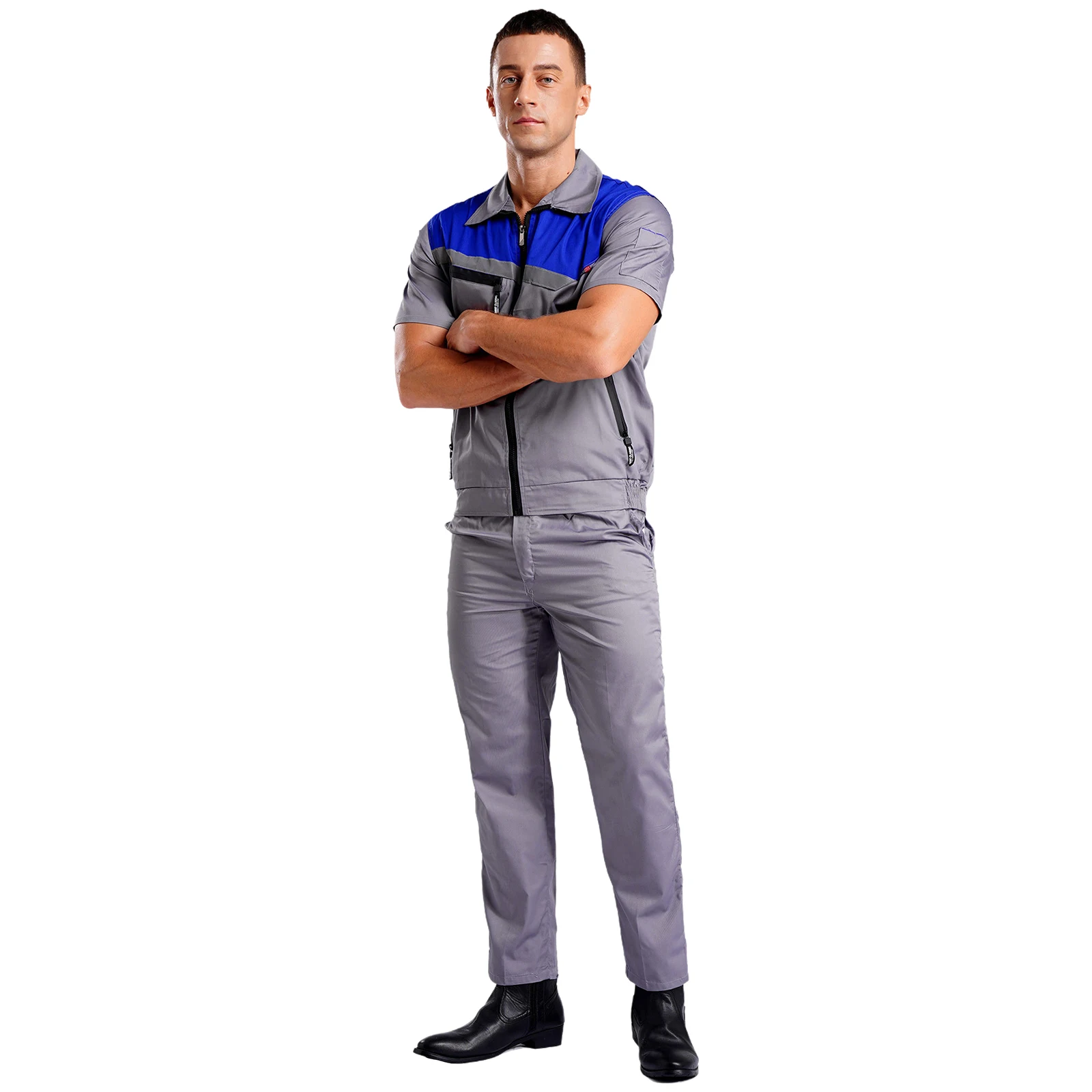 Mens Womens Work Outfit Wear Resistant Short Sleeve Reflective Strips Jackets Top And Pants Overalls Work Dungarees