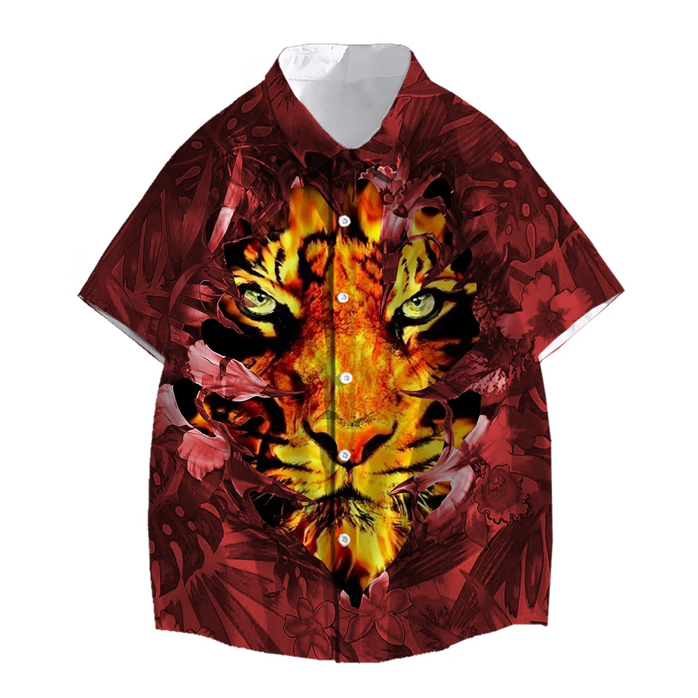 SONSPEE Ferocious Trend Style 3D Print Shirt Men Women's Red Animal Tiger Graphic Couples Street Oversize Short Sleeve Blouse