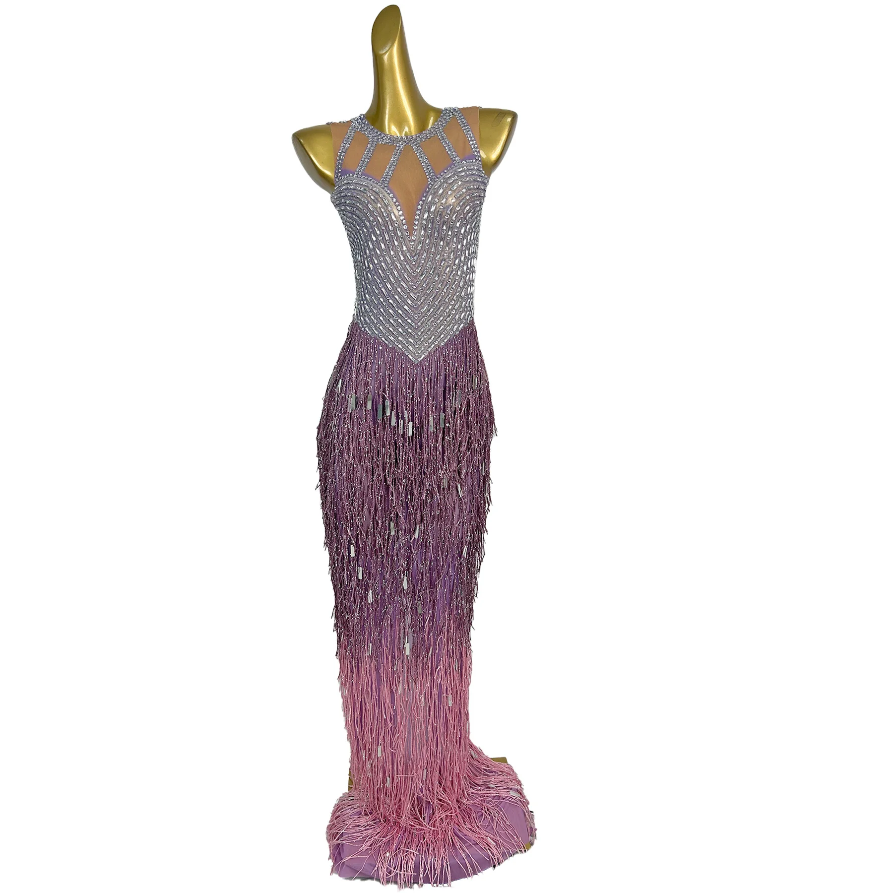 

Birthday Celebrate Party Outfit Elegant Evening Gown Sexy Women Sparkly Crystals Mesh Sleeveless Tassel Sexy Long Dress Piaoliu