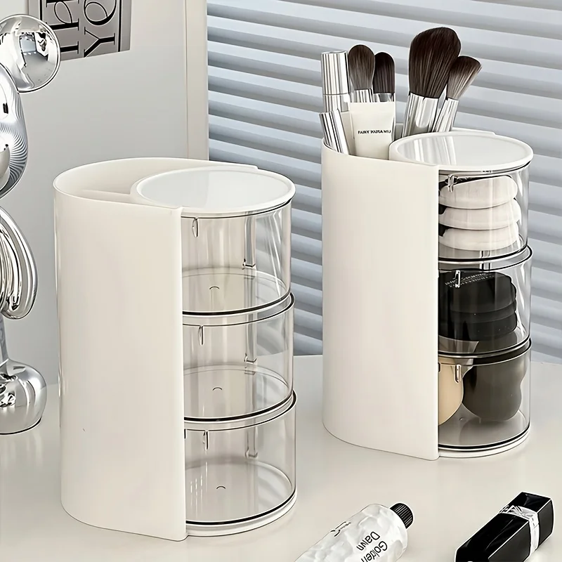 3 Tier Rotating Makeup Organizer Holder With Dustproof Lid Clear Acrylic Cosmetic Storage For Brushes Produce Box Clothes