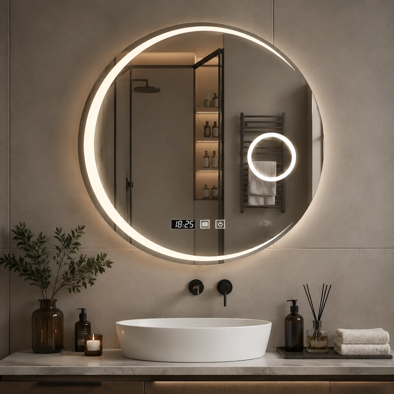 20inch Circular Advanced Solid State Lavatory Glass Mist Resistant Cordless Sound Hour Screen Multi Tone Moisture Grade