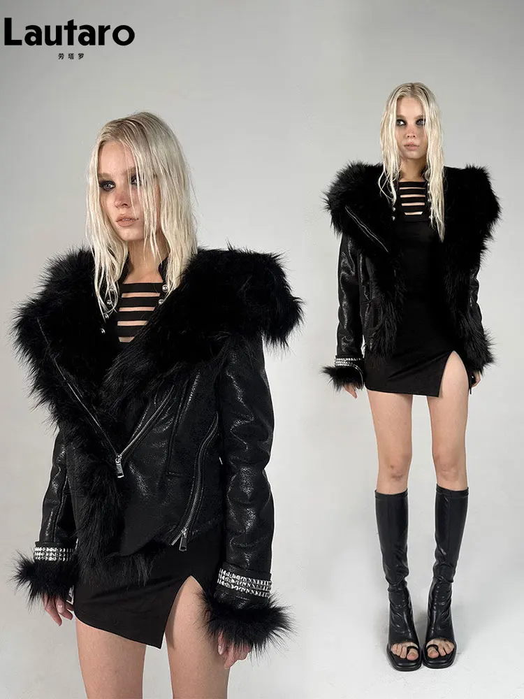

Lautaro Autumn Winter Short Black Thick Warm Soft Shaggy Faux Sheepskin Coat Women Luxury Designer Clothes Fluffy Jacket 2026