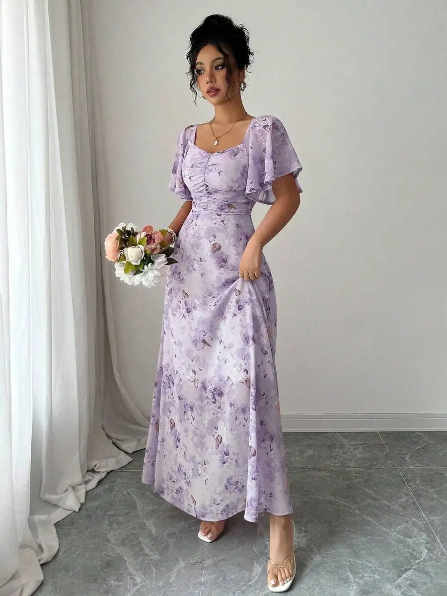 Women's Sweet French Style Mini Dress With Purple Butterfly Print, Batwing Sleeves & Back Zipper view 4