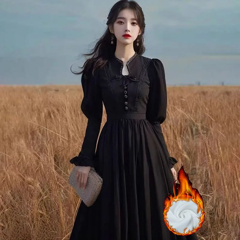 French Court Style Black Dress Women's Autumn Winter 2025 New Fashion Sweet Slim Medium Long Escape Princess Long Dresses
